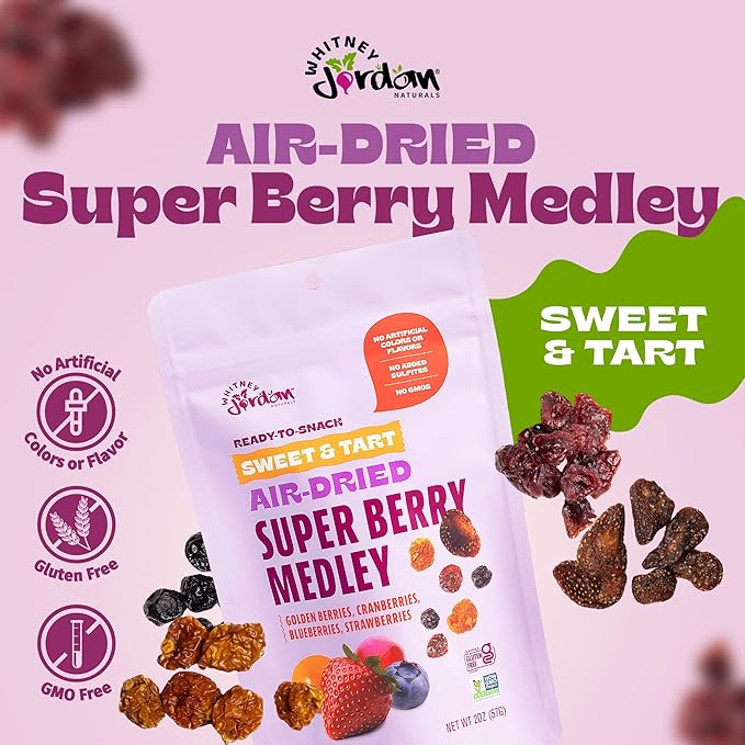 Whitney Jordan Naturals Air-Dried Super Berry Medley 2 Oz, Pack of 10 - Dried Fruit Snack Made from Real Berries - Non-GMO, Gluten-Free, Vegan, Chewy Real Fruit for Healthy Snacking On-the-Go