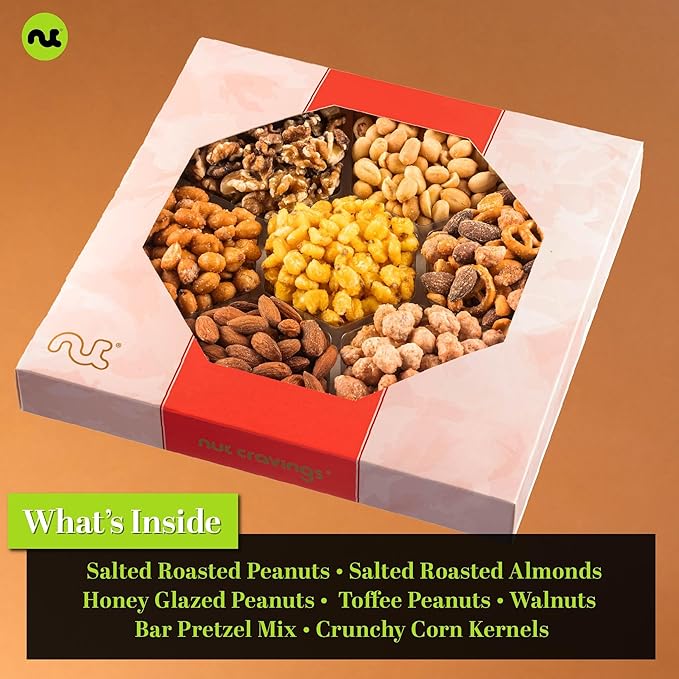 NUT CRAVINGS - Valentines Day Mixed Nuts Gift Basket in Red Gold Classic Box (7 Assortments, 1 LB) Treats for Adults, Food Arrangement, Healthy Snack Care Package, Kosher