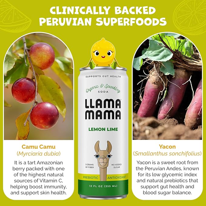 Llama Mama Lemon Lime Organic Sparkling Prebiotic Soda • Gut & Immune Support • High Vitamin C, Antioxidants • NO Sugar • NO Artificial Sweeteners • NO Stevia • Vegan Plant Fiber • 12 Pack