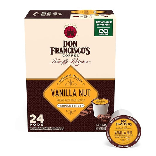 Don Francisco's Vanilla Nut Flavored Coffee Pods, 24 Count, Medium Roast, Compatible with Keurig Brewers