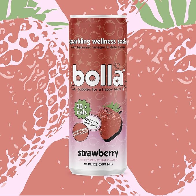 Strawberry Sparkling Wellness Soda - Naturally sweetened with dates - Crafted with balsamic vinegar - 5 simple ingredients - Low calorie - Antioxidant-rich - No added sugar 12 pack