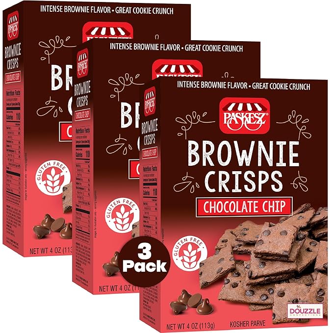 DOUzzle Gluten Free Cookies, Brownie Crisps Chocolate Chip (4 OZ - Pack of 3) Non Gebrokts Kosher for Passover Food Snacks Kosher Parve