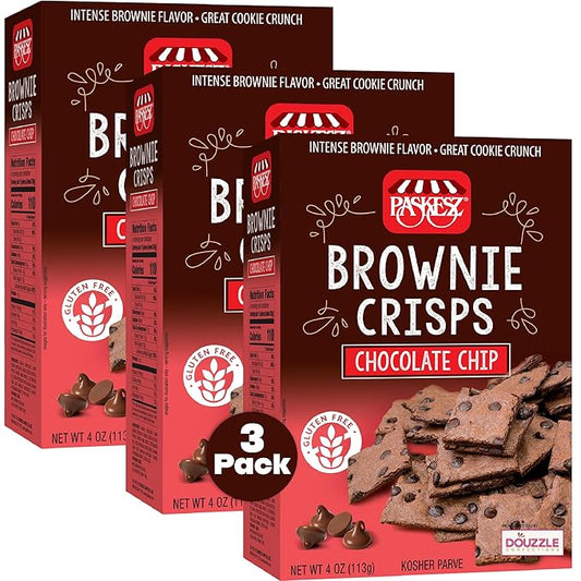 DOUzzle Gluten Free Cookies, Brownie Crisps Chocolate Chip (4 OZ - Pack of 3) Non Gebrokts Kosher for Passover Food Snacks Kosher Parve