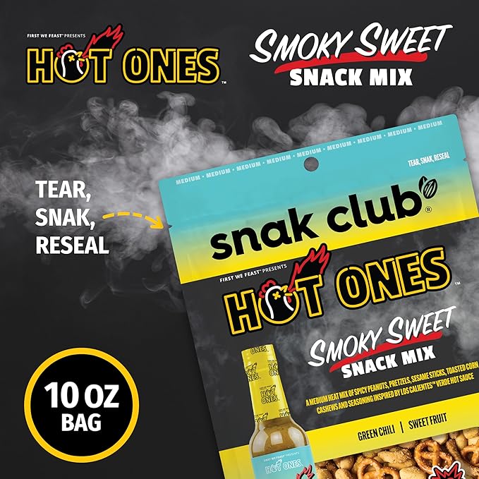 Snak Club x Hot Ones Snack Mix, Smoky Sweet, Spicy Snacks with Peanuts, Pretzels, Sesame Sticks, Toasted Corn, Cashews, Inspired by Hot Ones, Vegan Snack, 10 oz Resealable Bag