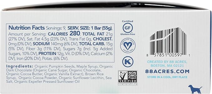 88 Acres Dark Chocolate Brownie Seed Protein Bar 9 Count, 1.9 OZ