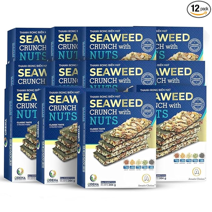 Seaweed Crunch with Nuts Classic Taste– Amazin Choices Vegan Snack Bars with Cashews, Almonds & Pumpkin Seeds – Premium Asian Chips – Seaweed Sheets – Sandwich Seaweed – Variety Pack (Pack of 12)