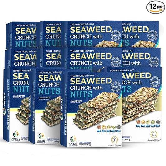 Seaweed Crunch with Nuts Classic Taste– Amazin Choices Vegan Snack Bars with Cashews, Almonds & Pumpkin Seeds – Premium Asian Chips – Seaweed Sheets – Sandwich Seaweed – Variety Pack (Pack of 12)