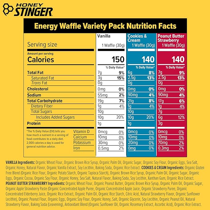 Honey Stinger Organic Energy Waffle Sweet Treats Variety Pack of 18, Vanilla, Cookies and Cream, 6 Pack Each of Peanut Butter Strawberry, Nutritious Stroopwafel Snack for Exercise, Cycling, Running