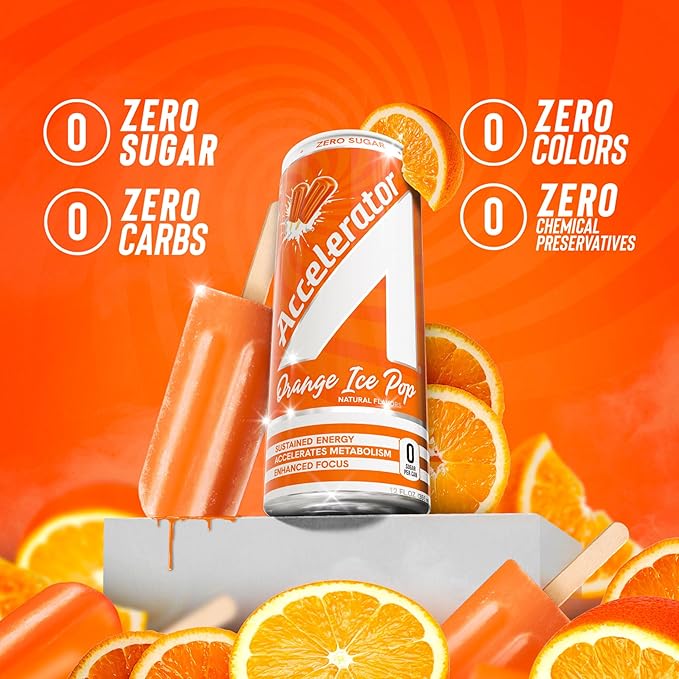 Accelerator Energy Drink, Orange Ice Pop 12oz can (12 pack), Zero Sugar, Sustained Energy from 100% Natural Caffeine (200mg from Green Coffee Bean & Green Tea extract)