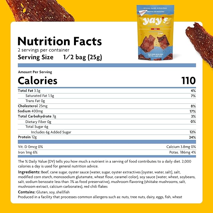 Yay's Snacks Sweet and Spicy Beef Crisps | Crispy, Crunchy, High Protein Snacks | Mild Beef Jerky with 24G Protein Snacks Per Bag | Healthy Meat Snacks Non-GMO, USA Made - 1 Packs (1.75 Oz Each)