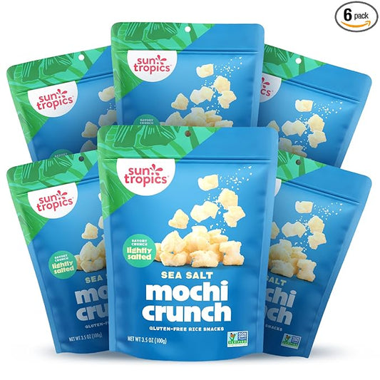 Sun Tropics Mochi Crunch, Sea Salt Flavor- 3.5 oz (6 Pack) | Crispy Crunchy Mochi Bites, Rice Nuggets | Mochi Puff Rice Crackers- Gluten Free & Dairy Free- No MSG Added | Asian Rice Snacks