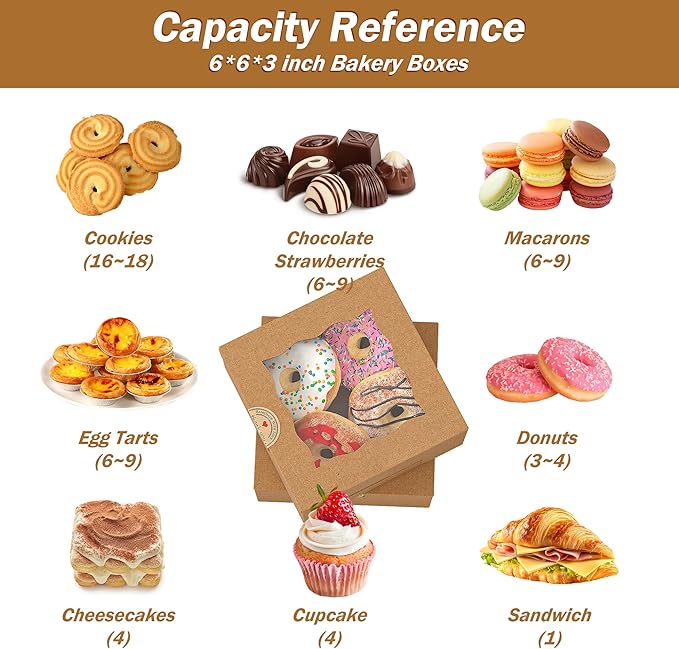 EffiQ-Rate 50 Pack Cookie Boxes with Window, 6x6x3 Inches Bakery Boxes, Pastry Boxes for Cookies, Pastries, Desserts, Cakes, Donuts, Macarons, with 50 Stickers and 5 Bundles of Twine