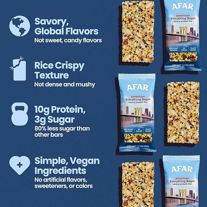 Afar Savory Protein Bars – Low Sugar, High Protein – Healthy Snacks for Adults – Meal Replacement Bar – Rice Crispy Texture – Vegan, Gluten Free (8 Bars, American Everything Bagel)