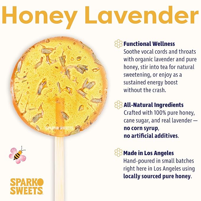 Sparko Sweets Natural Honey Lavender Tea Lollipops, 18 Pieces, No Artificial Ingredients, No Corn Syrup, 0.75 Pound - Perfect for Tea, Sore Throats, and Wholesome Snacking