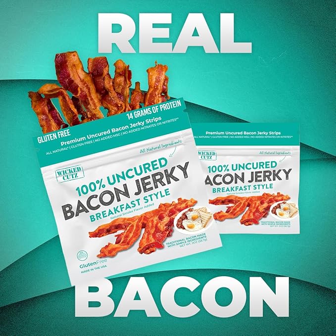 Breakfast Style Bacon Jerky, 14g Protein Per Bag, Tender & Easy to Chew Fully Cooked Bacon, USA Made, High Protein Carnivore Snacks (2 Bags)