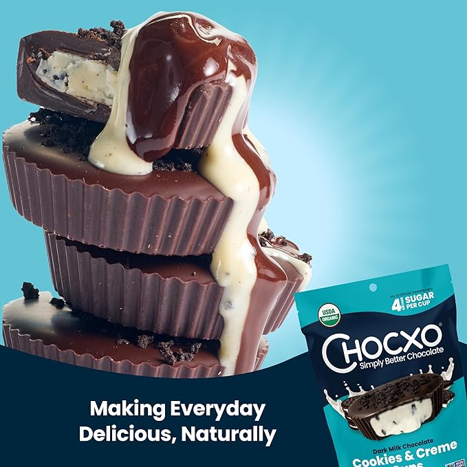 Chocxo Dark Milk Chocolate Cookies & Crème Cups - Lower Sugar, 69% Organic Cacao, NonGMO, Keto, Gluten Free, Kosher, No Artificial Sweeteners/Sugar Alcohols, 3.45 oz (Pack of 6)