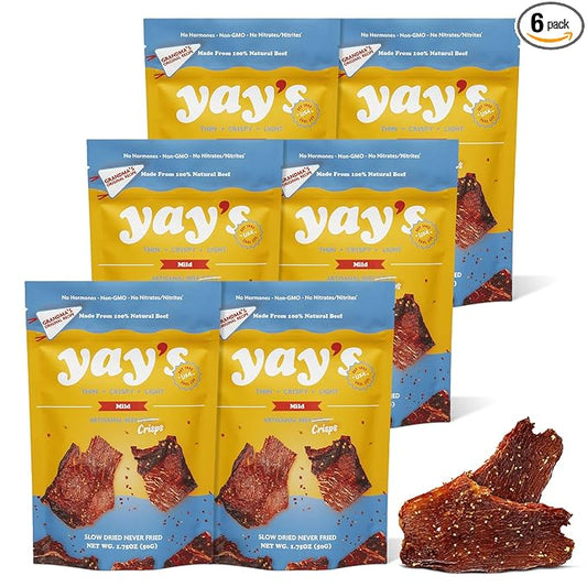 Yay's Snacks Sweet and Spicy Beef Crisps | Crispy, Crunchy, High Protein Snacks | Mild Beef Jerky with 24G Protein Snacks Per Bag | Healthy Meat Snacks Non-GMO, USA Made - 6 Packs (1.75 Oz Each)