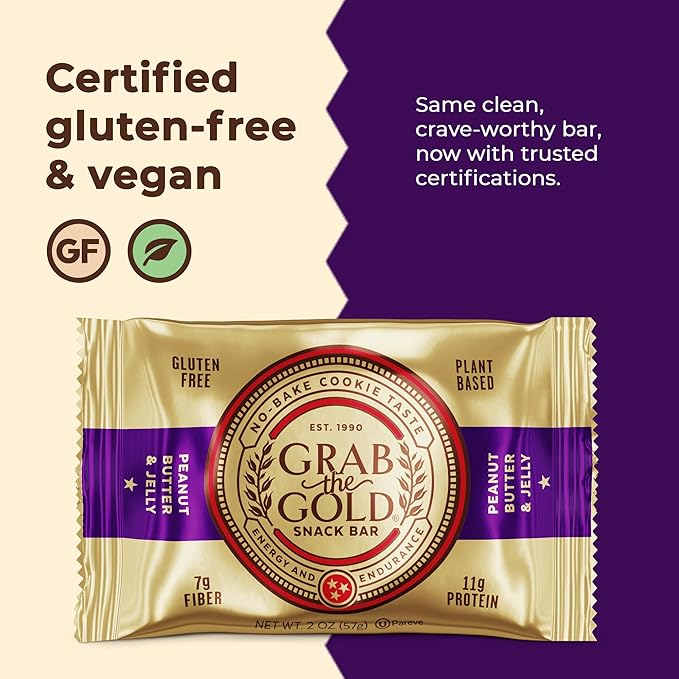 Grab The Gold Cranberries Peanut Butter & Jelly Protein Snack Bars | 11g Plant-Based Protein Bars with Organic Oats, Whole Food Nutrition | Gluten-Free, Vegan, High-Fiber | 14 Bars Amazon Exclusive
