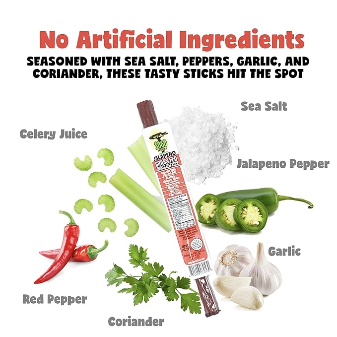 Jalapeno, Sogo Snacks, No Sugar, 100% Grass-fed, Non-GMO Beef Sticks. No Gluten, Soy, Nuts, Dairy, Eggs, MSG. Hiking & Road Trip Snacks. Keto, Whole30, & Paleo Friendly (Jalapeno, 1-oz, 144 Count)