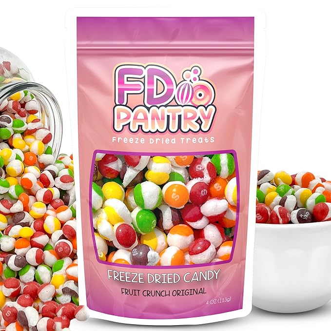 Freeze Dried Candy, Fruit Crunch Original, 4 oz, Assorted Strawberry, Orange, Lemon, Grape, Lime Flavors, Bag Pouch, Ideal Gift Snack