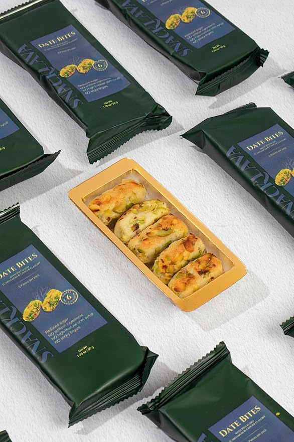 Snacklava Pistachio Date Bites with Cardamom - 20 Pack (60 Pieces) - Pistachio and Date Filled Maamoul Shortbread Cookies - No Artificial Ingredients, Colors or Preservatives