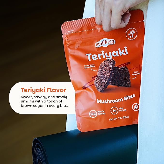 Mourish Vegan Mushroom Bites, Teriyaki Flavor, 3 Pack (2 oz), Good Source of Protein and Fiber, Plant Based Meat Jerky, Meatless Healthy Snacks for Hiking, Work, Travel & School