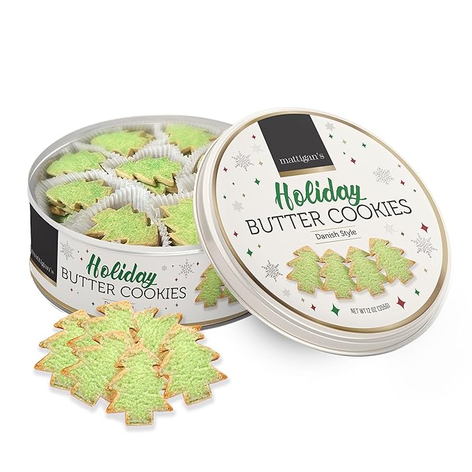 Mattigan's Holiday Cookies, Danish Style Assorted Butter Cookies, 12 oz Tin, Christmas Cookie Gift Set, Gourmet Gifts, Holidays, Christmas & Stocking Stuffer, Special Occassions Reusable Metal Tin