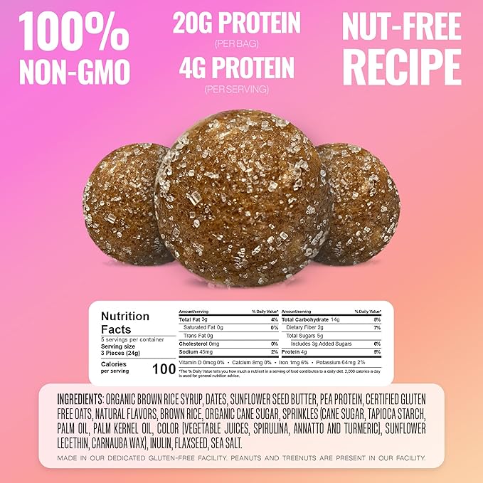 The GFB Birthday Cake Cookie Protein Bites - Allergen Friendly & Nut Free - Gluten Free, Plant Based, Non GMO, Sustainably Made – Ridiculously Tasty, Healthy, Protein Energy Balls, 4 oz (4 Count)