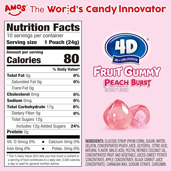 AMOS 4D Gummy Candy Peach Burst – 3D Peach Shaped, Jelly-Filled, Natural Flavor Fruit Gummy – 240g Box (Pack of 10) – Fruit-Filled Gummy Treats for Kids & Adults