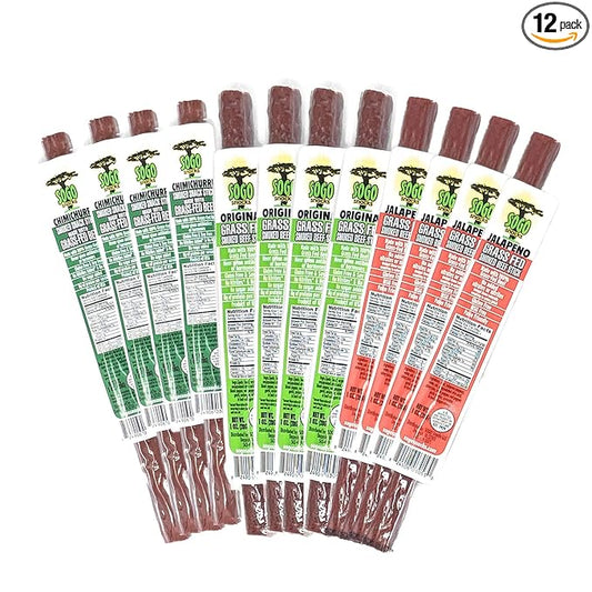 Sugar-Free Beef Jerky Variety Pack, 100% Grass Fed Beef Sticks. Non-GMO. No Added Nitrates, Gluten, Soy, MSG, Dairy or Nuts. Paleo, Whole30, Keto Snack. (4 Original, 4 Chimichurri, 4 Jalapeno, 12-Cnt)