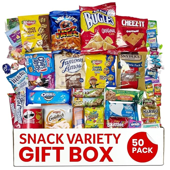 Snacks Gift Box Variety Pack Care Package (50 Count) - Assorted Individual Snacks Gift Basket - Cookies & Chips for Adults, Kids, College Students - Birthday, School, Office, & Travel Sampler
