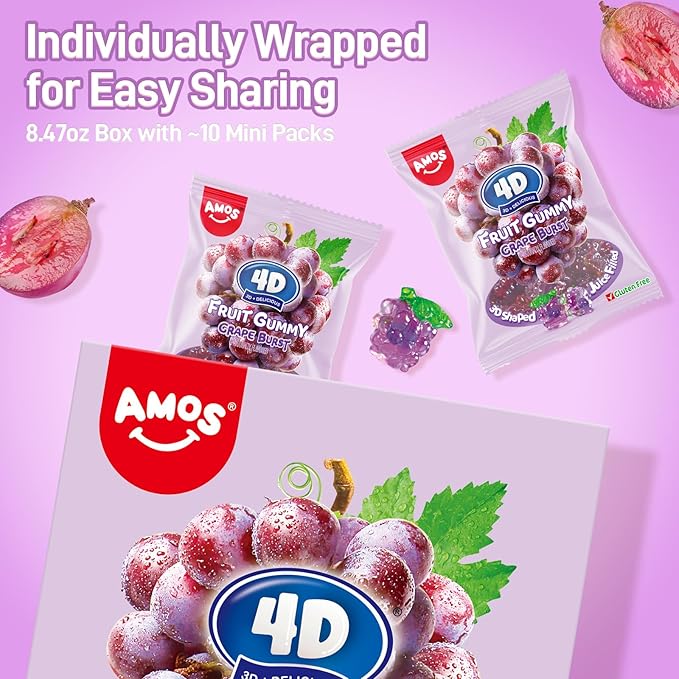 AMOS 4D Gummy Candy Grape Burst – 3D Grape Shaped, Jelly-Filled, Natural Flavor Fruit Gummy – 240g Box (Pack of 10) – Fruit-Filled Gummy Treats for Kids & Adults – Perfect for Parties & Gift Bags