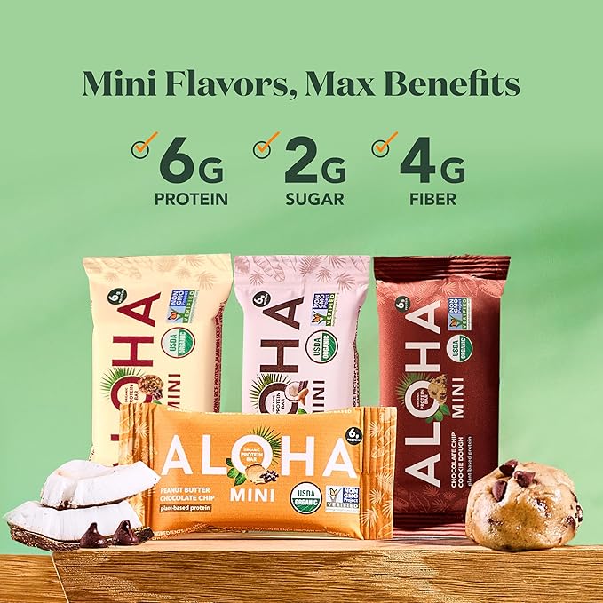ALOHA Organic Plant Based Protein Bar MINIS | VARIETY PACK | GLP-1 Friendly, 20 Count, 24g Bars | Vegan, Low Sugar, Gluten Free, Low Carb, Non-GMO, No Stevia, No Soy, No Sugar Alcohols