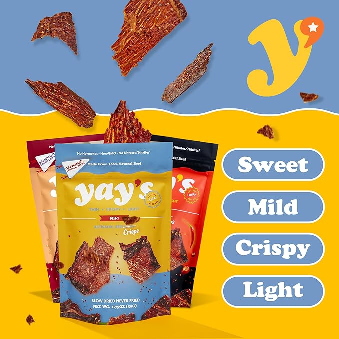 Yay's Beef Jerky Sampler Pack – Healthy High-Protein Snacks, Variety Pack of 3 Flavors (Mild, Spicy, Teriyaki), Low-Carb, Healthy Meat Snacks for Any Occasion – 3 Bags (1.75 oz Each)