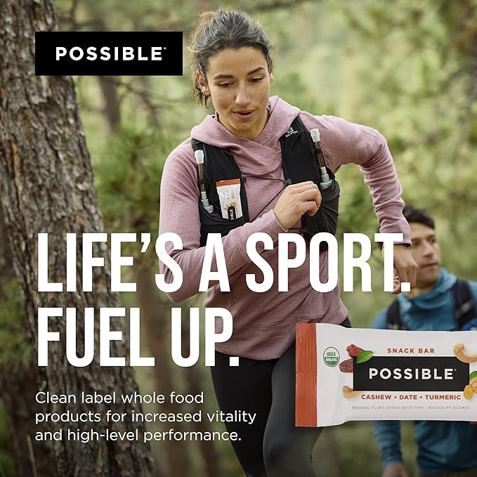 POSSIBLE Snack Bar - Organic Energy Bars with 10g of Plant-Based Protein - Vegan, Gluten-Free, Non-Dairy, USDA Organic - Healthy Fats - Clean Label - 1 Box, 12 Servings - Cashew Date Turmeric