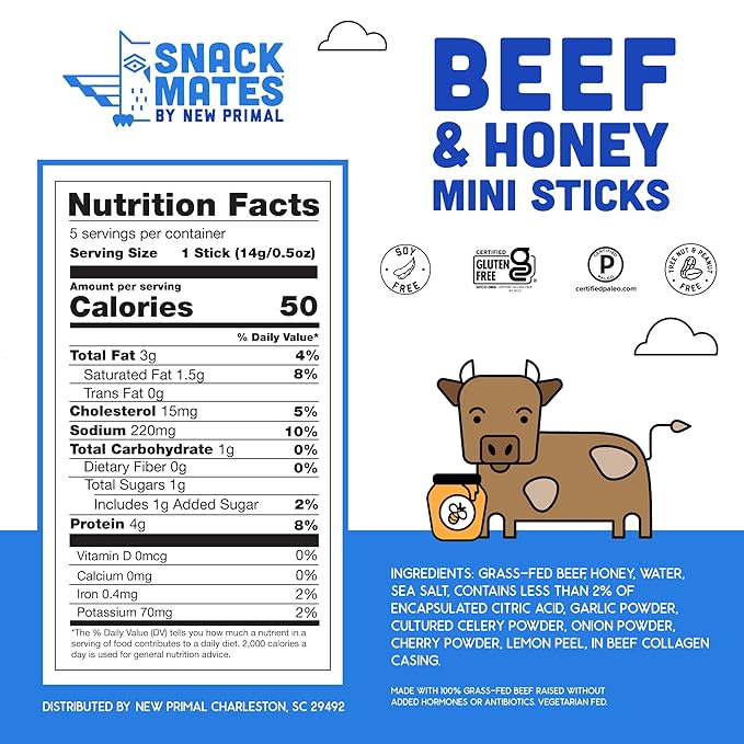 New Primal Snack Mates Beef & Honey Sticks, Healthy Snacks for Kids, Low Sugar High Protein Back to School Snacks, Gluten Free, Mini Jerky Meat Stick, 4g Protein, 50 Calories, 40 Pack