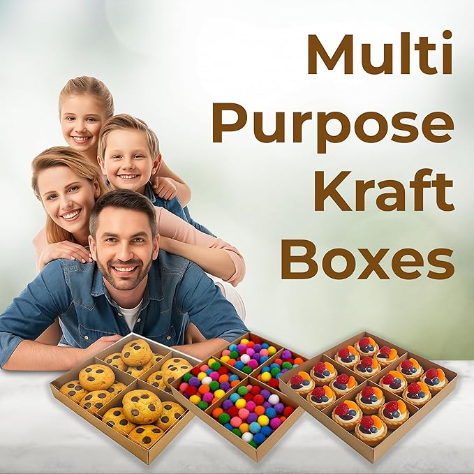 Gift Boxes with Clear Cover, Bakery Treat Boxes for Small Cakes, Cookies, Desserts, Donuts, Pastries, Gifts, and Party Favors – Durable & Elegant (10 Pieces Brown Kraft with Seperator, 8"x8"x1.2")
