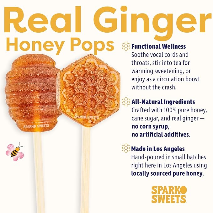 Sparko Sweets Ginger Honeycomb Lollipops, Made in USA, No Artificial Ingredients, No Corn Syrup, 40 Pieces, 1.2-inch Diameter, 1.5 lbs, Gold – Ideal for Tea Stirrers, Sore Throat Remedy, and Gifts