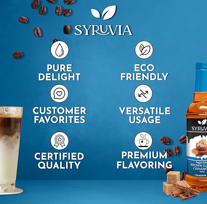 Syruvia Sugar Free Coffee Syrup, Brown Sugar Cinnamon Flavored Syrup for Drinks, Lattes, and Desserts – 25.4 fl oz