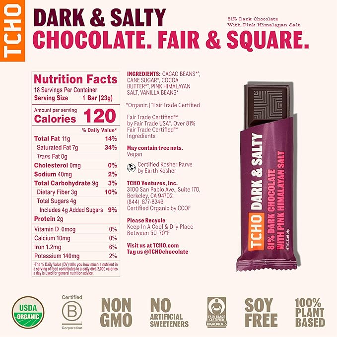 TCHO Dark & Salty Chocolate Bars - Organic 81% Dark Chocolate with Pink Himalayan Salt - Individually Wrapped 100% Plant-Based Pure Cacao Bars for Guilt-Free Indulgence (18-Pack)