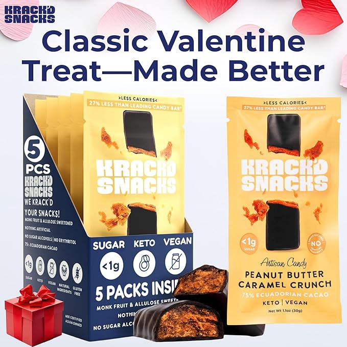 Krack’d Snacks Keto Chocolate Snack Bars 5 Pk | Handmade Low Carb, Sugar Free Dark Chocolates with Peanut Butter, Caramel Crunch, Allulose | Vegan, Non-GMO, Gluten Free Chocolate Candy Bar