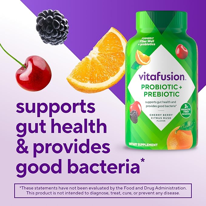 vitafusion Probiotic + Prebiotic Fiber Gummies for Adults, Probiotic Supplement with Prebiotic Fiber to Support Gut Health and Provide Good Bacteria (1), Cherry Berry Citrus Rush Flavor, 60 Count