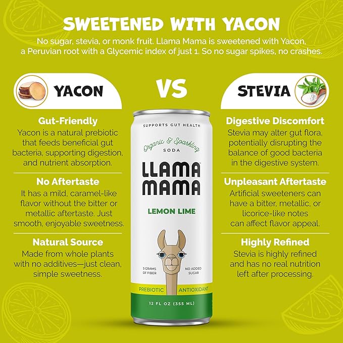 Llama Mama Lemon Lime Organic Sparkling Prebiotic Soda • Gut & Immune Support • High Vitamin C, Antioxidants • NO Sugar • NO Artificial Sweeteners • NO Stevia • Vegan Plant Fiber • 12 Pack