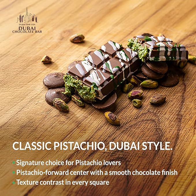 Dubai Chocolate Bar Classic Pistachio – 2.47oz Premium Chocolate with Pistachio Cream & Crispy Kataifi Filling – Dubai Knafeh Dessert Inspired – Made in USA (6 Pack)