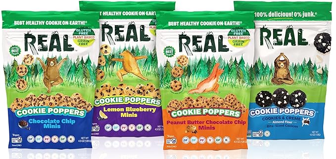 REAL Variety Pack Mini Cookie Poppers – Bite-sized Gluten Free Baked Cookies – Dairy Free, Vegan, Kosher, Paleo – Peanut Butter, Chocolate Chip, Cookies and Creme and Lemon Blueberry
