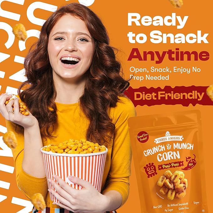 Three Amigos Corn Nuts Suger Free, 100% Vagan, Peanut Free Non-GMO (All Natural Ingredients) Guilt-Free snacking Toasted Corn Kernels in Reseable Bag - Crunchy & Munch Snack (12 OZ) (12 oz, Peri Peri)