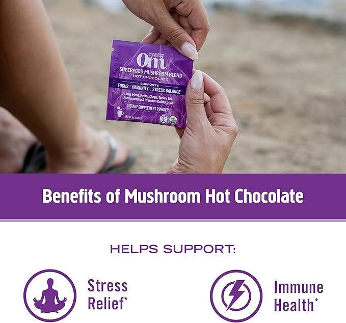 OM MUSHROOM SUPERFOOD Hot Chocolate Blend – Dutch Cocoa Mushroom Powder with Lion’s Mane, Reishi, Chaga & Turkey Tail – Focus, Calm & Stress Support – 2g Sugar, 25 Calories – Single Serve (10 Count)