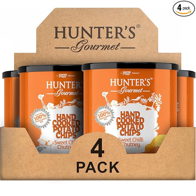 Hunter's Gourmet Hand-Cut Chips | Made with 100% Sunflower Oil | No Artificial Colors & Preservatives | MSG-Free | Sweet Chilli Chutney | Vegetarian Potato Chips | Gourmet Snacks | Pack of 4 | 40g