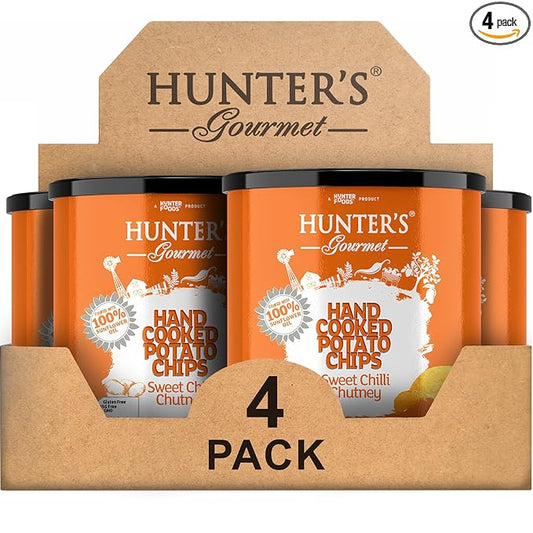 Hunter's Gourmet Hand-Cut Chips | Made with 100% Sunflower Oil | No Artificial Colors & Preservatives | MSG-Free | Sweet Chilli Chutney | Vegetarian Potato Chips | Gourmet Snacks | Pack of 4 | 40g