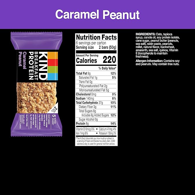 KIND Breakfast Protein Bars, Caramel Peanut, Healthy Snacks, Gluten Free, 8g Protein, 30 Count